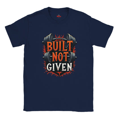 Navy t-shirt with yellow graphic and text on a white background