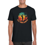 Black t-shirt with a colorful graphic and text on a white background