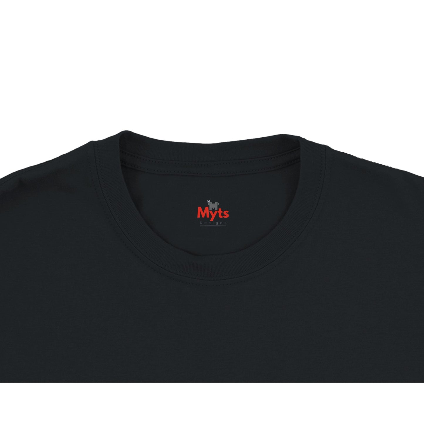 Black t-shirt with a white logo on the collar against a white background