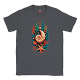A dark heather gray t-shirt featuring a colorful graphic print of a nautilus shell, starfish, and coral on the chest, displayed against a solid white background.