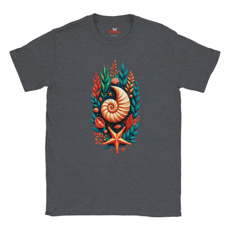 A dark heather gray t-shirt featuring a colorful graphic print of a nautilus shell, starfish, and coral on the chest, displayed against a solid white background.