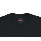 Black t-shirt with a logo on the collar against a white background