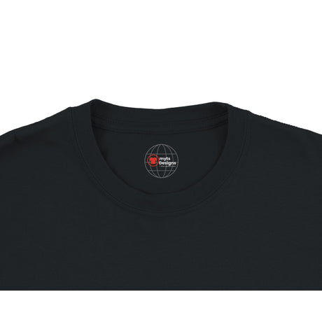Black t-shirt with a logo on the collar against a white background