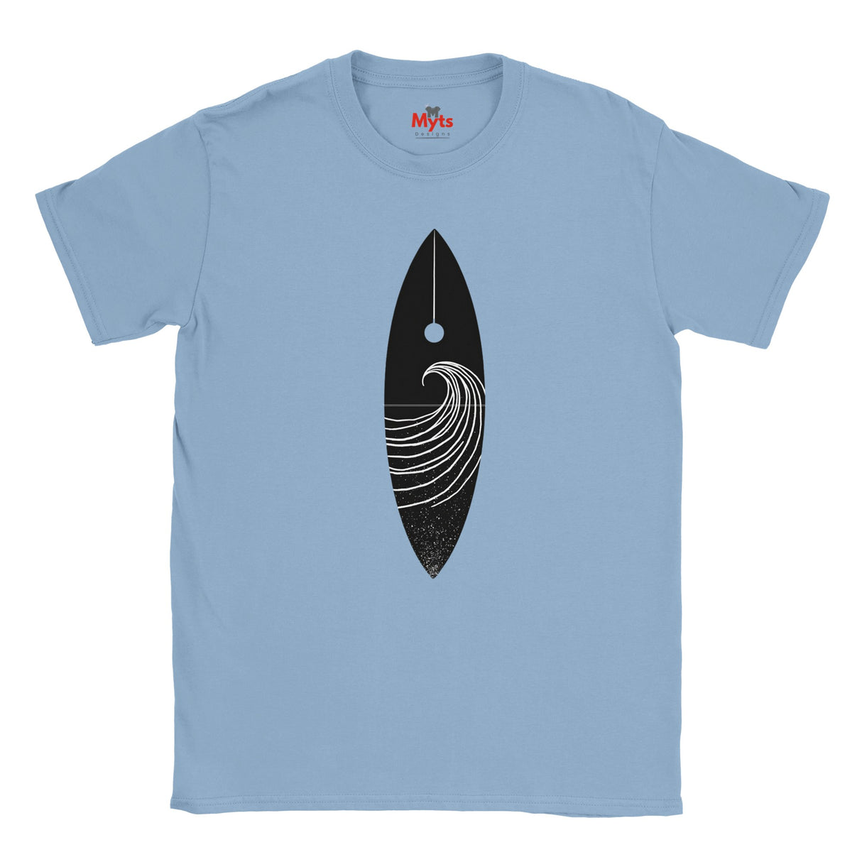 Light blue t-shirt with a black surfboard design on a white background