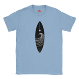 Light blue t-shirt with a black surfboard design on a white background
