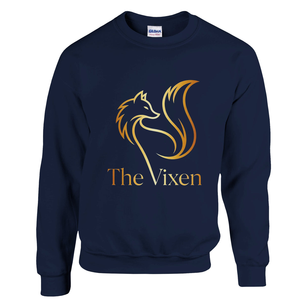 Navy blue sweatshirt with gold fox logo and 'The Vixen' text on a white background