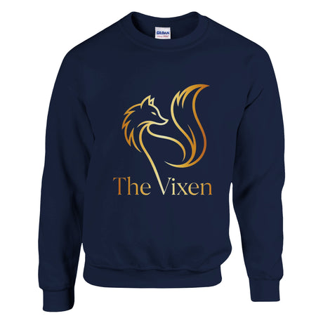 Navy blue sweatshirt with gold fox logo and 'The Vixen' text on a white background