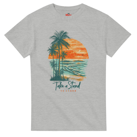 Ash t-shirt with a tropical graphic and 'Take a Stand' text on a white background