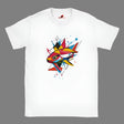 A white t-shirt with a vibrant, geometric design of a fish on the front.