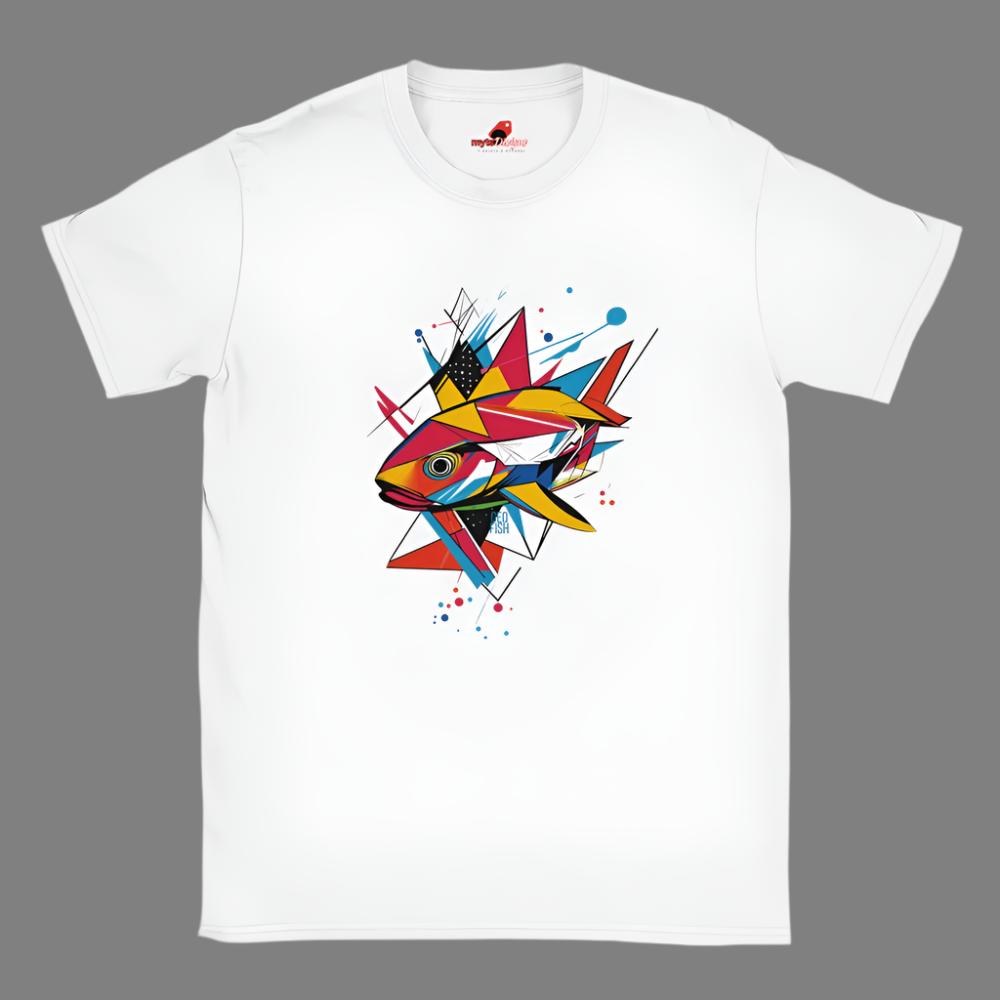 A white t-shirt with a vibrant, geometric design of a fish on the front.