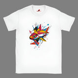 A white t-shirt with a vibrant, geometric design of a fish on the front.