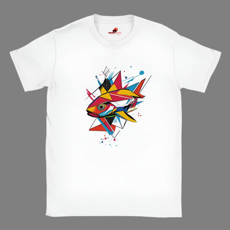 A white t-shirt with a vibrant, geometric design of a fish on the front.