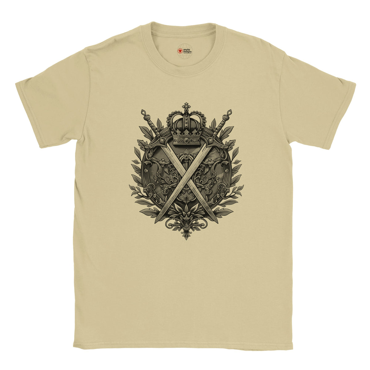 Neutral t-shirt with a black emblem design featuring crossed swords and a crown on a white background
