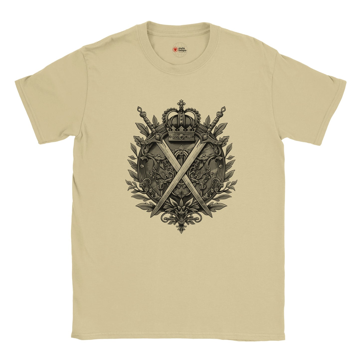 Neutral t-shirt with a black emblem design featuring crossed swords and a crown on a white background