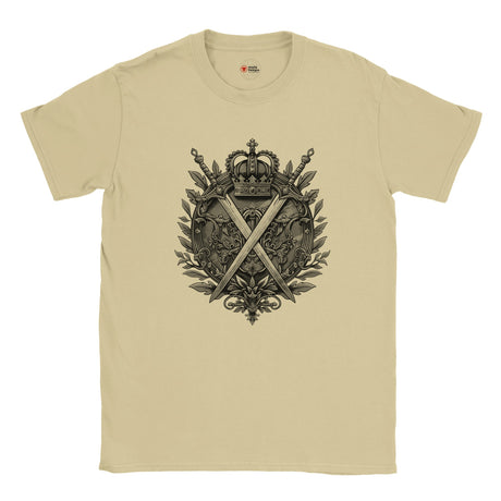 Neutral t-shirt with a black emblem design featuring crossed swords and a crown on a white background