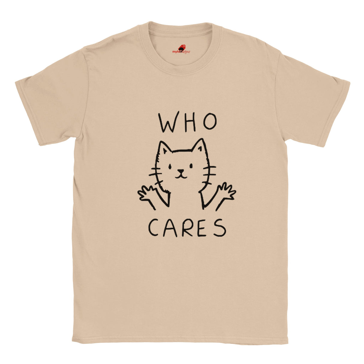 Neutral T-shirt featuring minimalist line-art cat and “Who Cares?” text – funny sarcastic tee for cat lovers