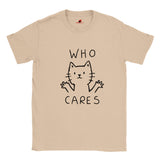 Neutral T-shirt featuring minimalist line-art cat and “Who Cares?” text – funny sarcastic tee for cat lovers