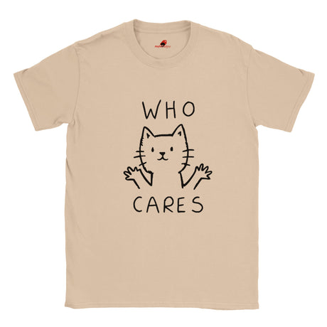 Neutral T-shirt featuring minimalist line-art cat and “Who Cares?” text – funny sarcastic tee for cat lovers
