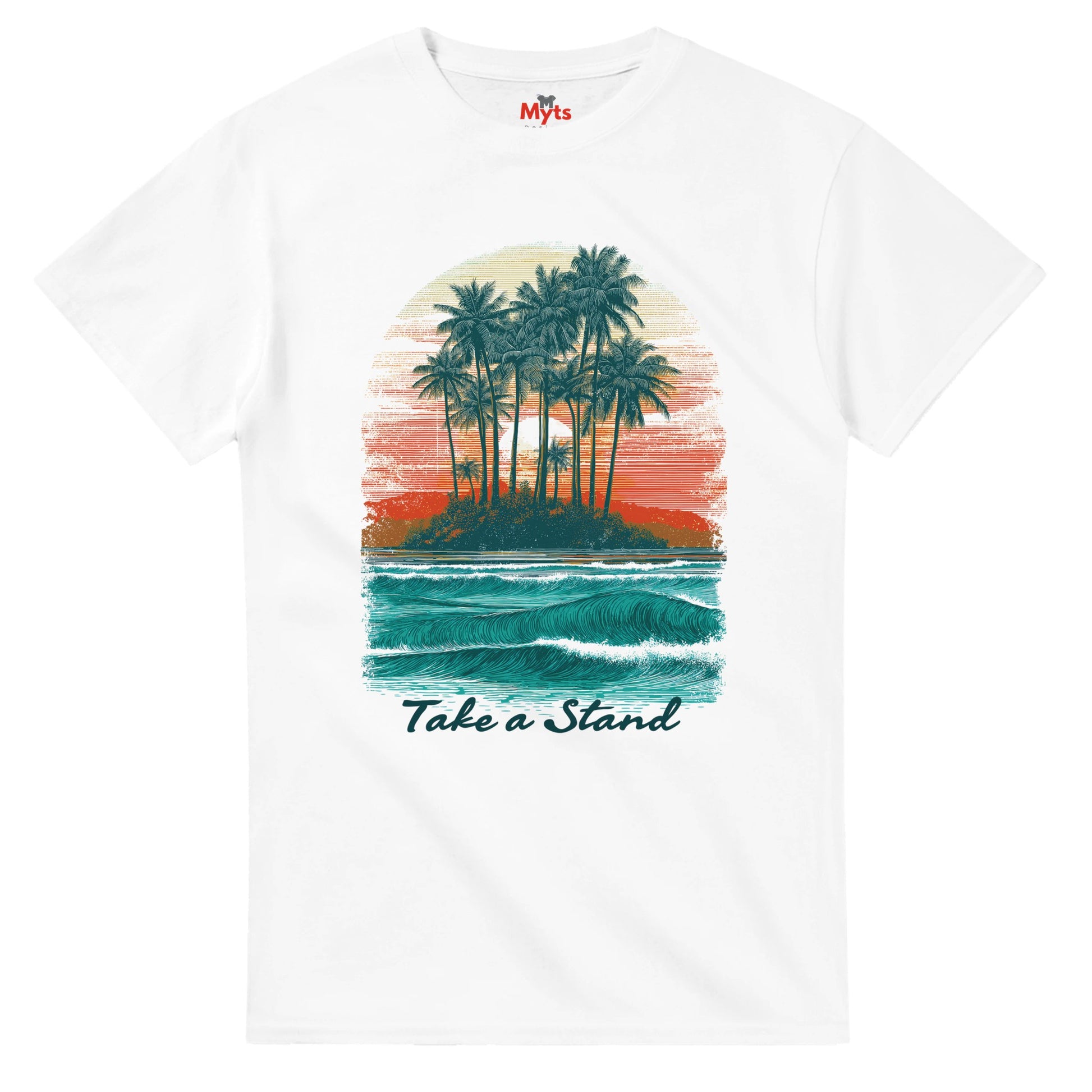 White t-shirt with a tropical island graphic and 'Take a Stand' text on a white background