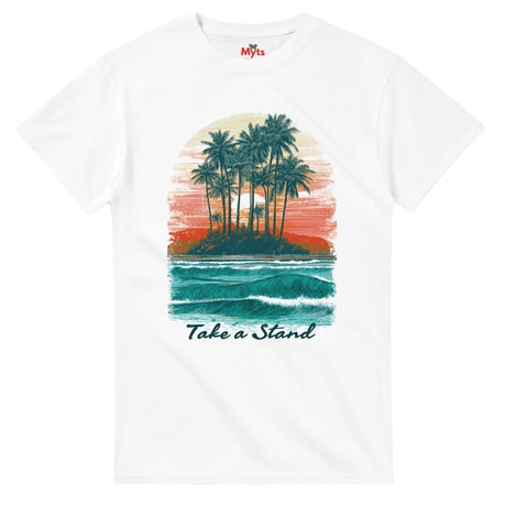 White t-shirt with a tropical island graphic and 'Take a Stand' text on a white background