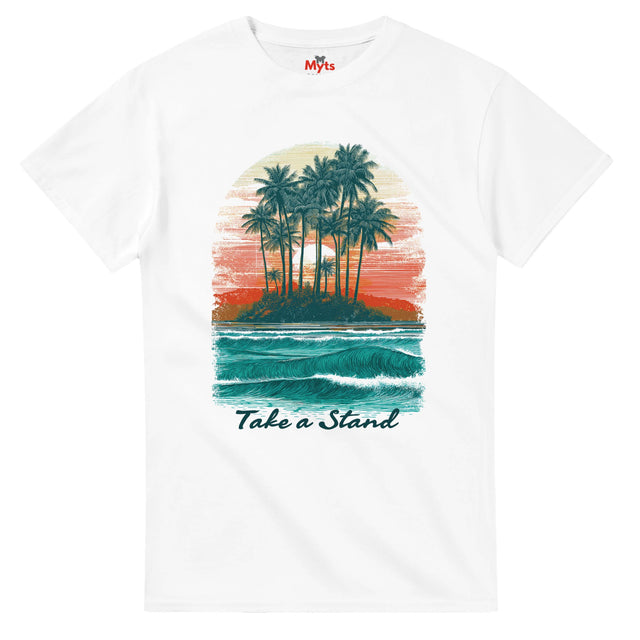 White t-shirt with a tropical island graphic and 'Take a Stand' text on a white background