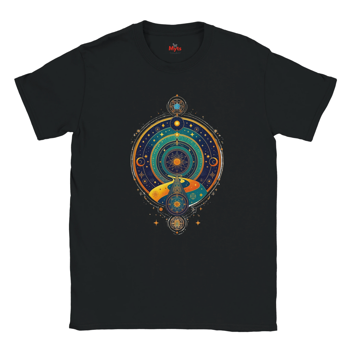 Black t-shirt with a colorful circular design featuring celestial elements on a white background.