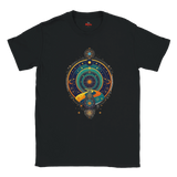 Black t-shirt with a colorful circular design featuring celestial elements on a white background.