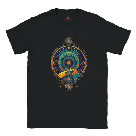 Black t-shirt with a colorful circular design featuring celestial elements on a white background.