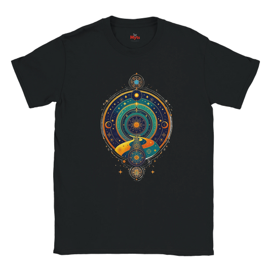 Black t-shirt with a colorful circular design featuring celestial elements on a white background.