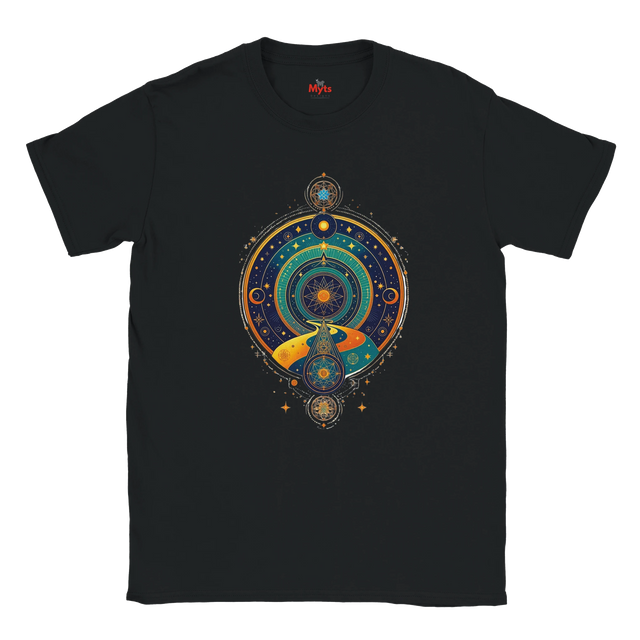 Black t-shirt with a colorful circular design featuring celestial elements on a white background.