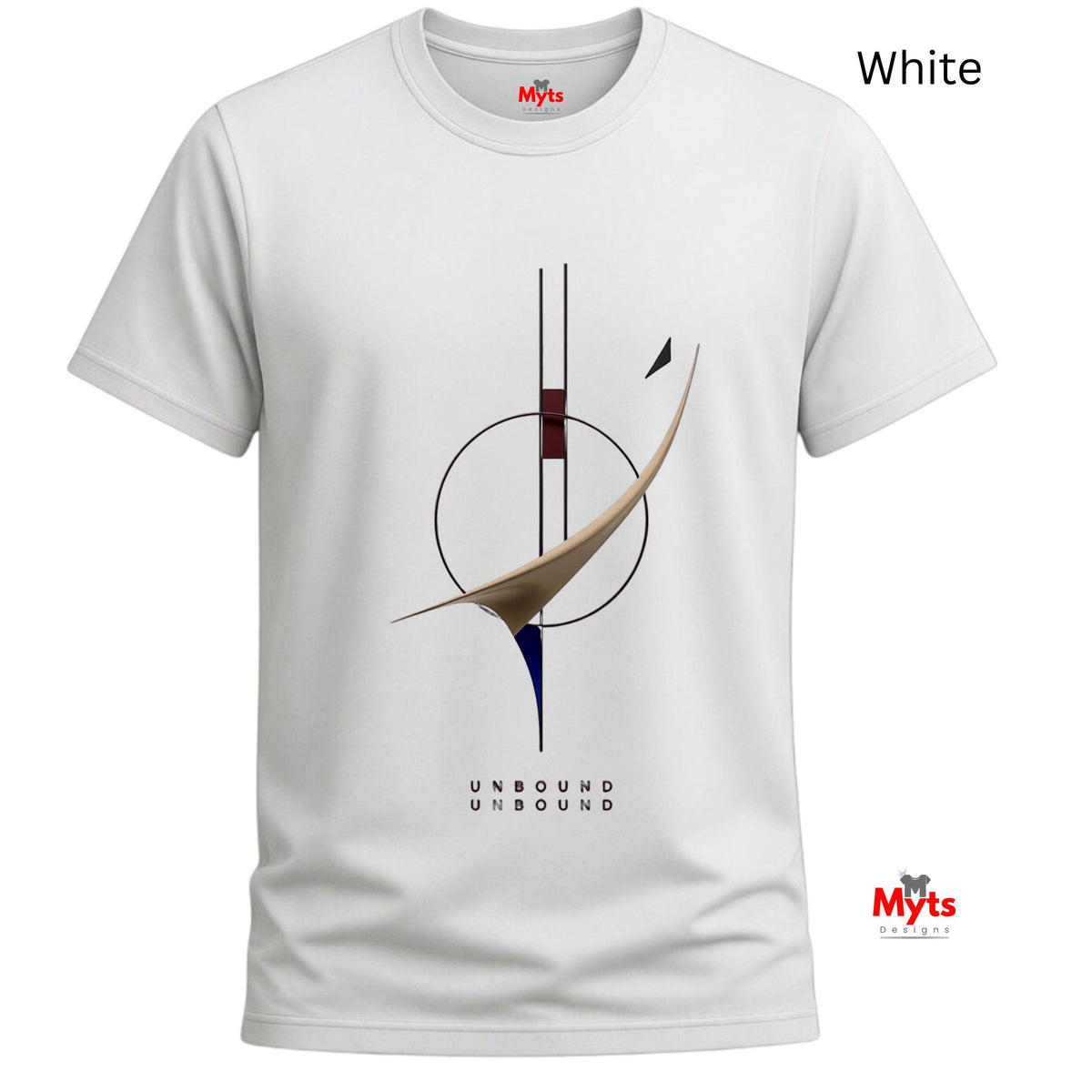 A white short-sleeve crewneck t-shirt with a minimalist abstract graphic on the front. The graphic features a black circle, vertical lines, and a curved beige shape with a small dark red and dark blue accent.