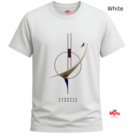 A white short-sleeve crewneck t-shirt with a minimalist abstract graphic on the front. The graphic features a black circle, vertical lines, and a curved beige shape with a small dark red and dark blue accent.