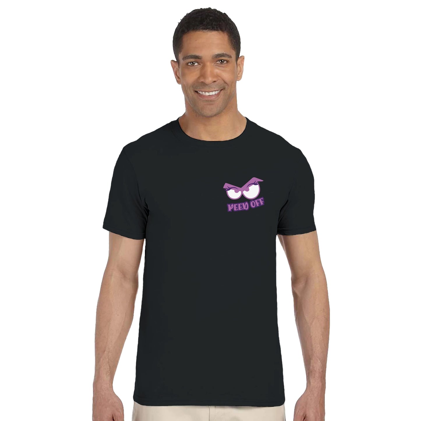 Man wearing a black t-shirt with a purple graphic and text on a white background