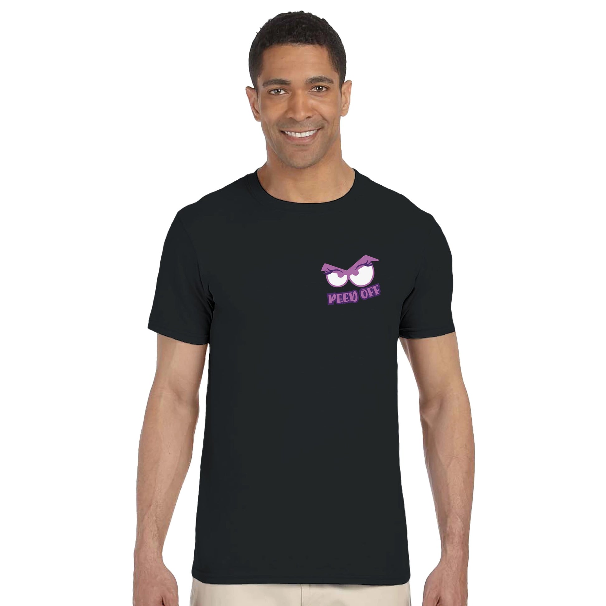 Man wearing a black t-shirt with a purple graphic and text on a white background