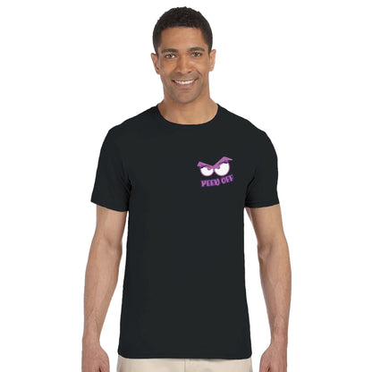 Man wearing a black t-shirt with a purple graphic and text on a white background