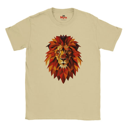 Neutral t-shirt with a colorful lion graphic on a white background