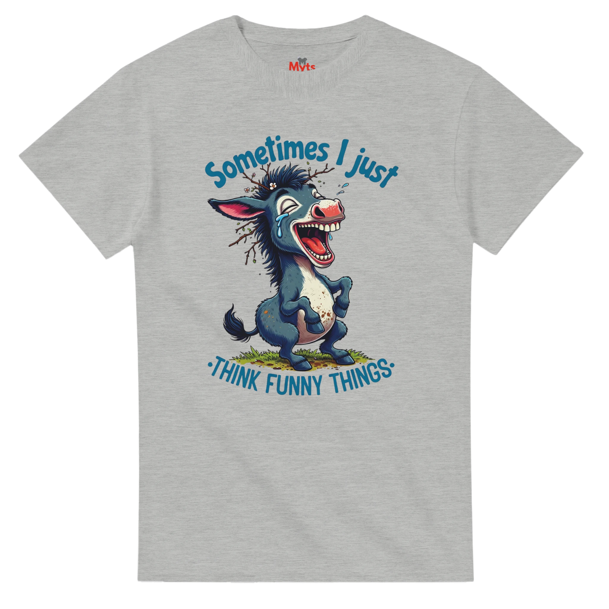 Gray t-shirt with a cartoon donkey and humorous text on a white background