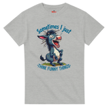 Gray t-shirt with a cartoon donkey and humorous text on a white background
