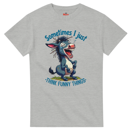 Gray t-shirt with a cartoon donkey and humorous text on a white background
