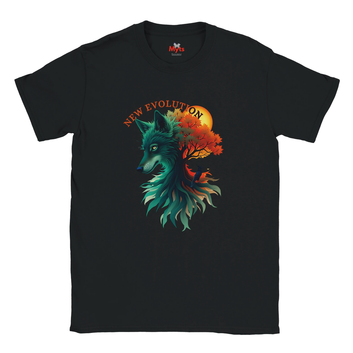 A black short-sleeve crewneck t-shirt featuring a graphic print of a wolf's head merging into a tree with autumn leaves, with the text 'NEW EVOLUTION' arched above. The inner neck label shows the brand 'MVP'.