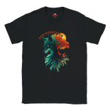 A black short-sleeve crewneck t-shirt featuring a graphic print of a wolf's head merging into a tree with autumn leaves, with the text 'NEW EVOLUTION' arched above. The inner neck label shows the brand 'MVP'.