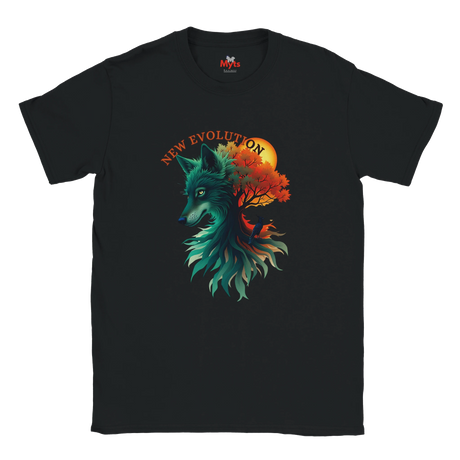 A black short-sleeve crewneck t-shirt featuring a graphic print of a wolf's head merging into a tree with autumn leaves, with the text 'NEW EVOLUTION' arched above. The inner neck label shows the brand 'MVP'.