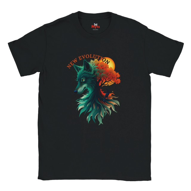 A black short-sleeve crewneck t-shirt featuring a graphic print of a wolf's head merging into a tree with autumn leaves, with the text 'NEW EVOLUTION' arched above. The inner neck label shows the brand 'MVP'.