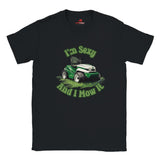 Close-up of I'm Sexy, and I Mow It t-shirt design with lawn mower illustration
