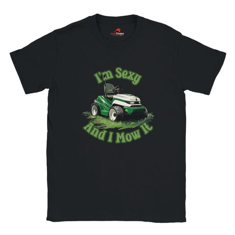 Close-up of I'm Sexy, and I Mow It t-shirt design with lawn mower illustration
