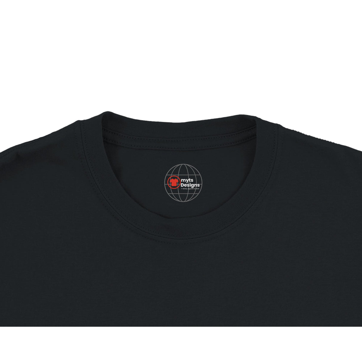 Black t-shirt with a logo on the collar against a white background