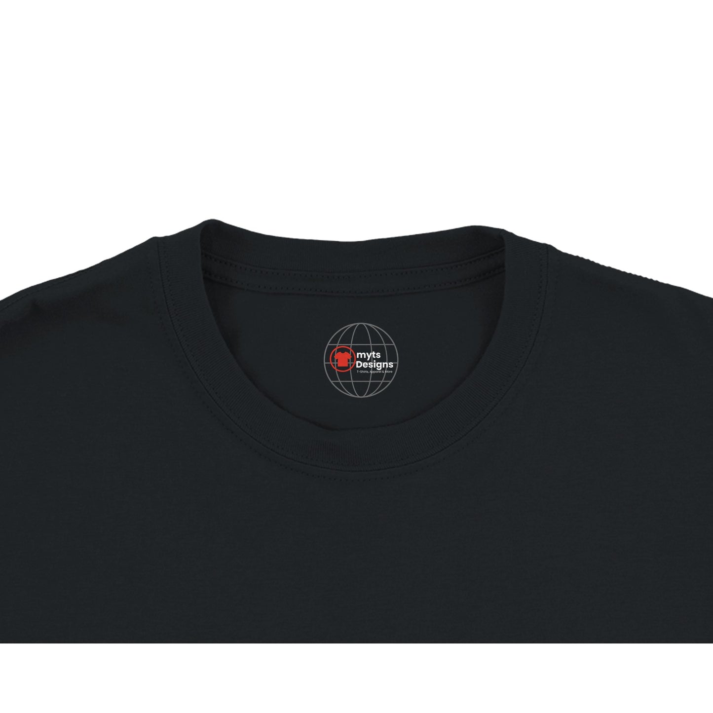 Black t-shirt with a logo on the collar against a white background