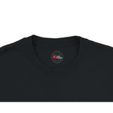 Black t-shirt with a logo on the collar against a white background