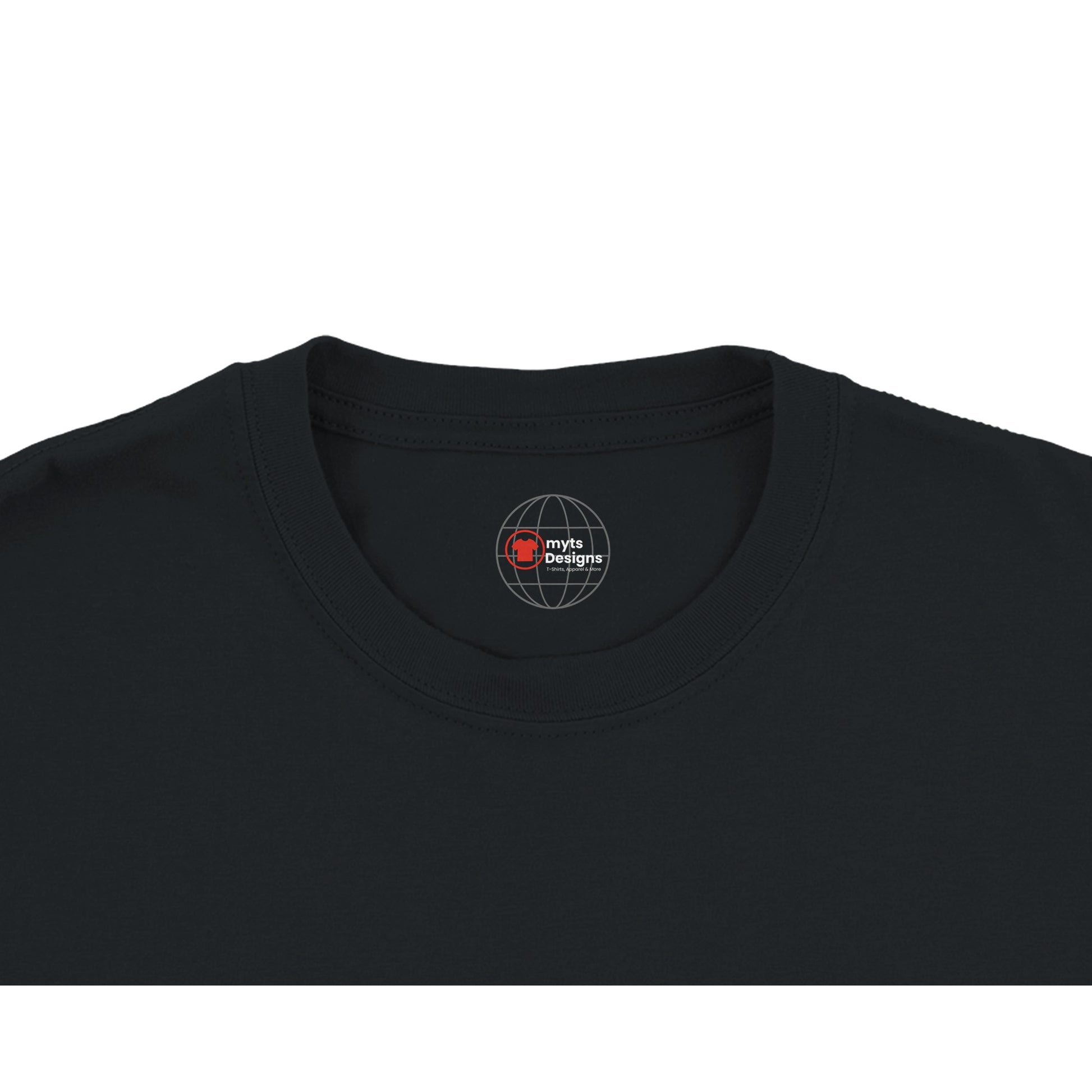 Black t-shirt with a logo on the collar against a white background