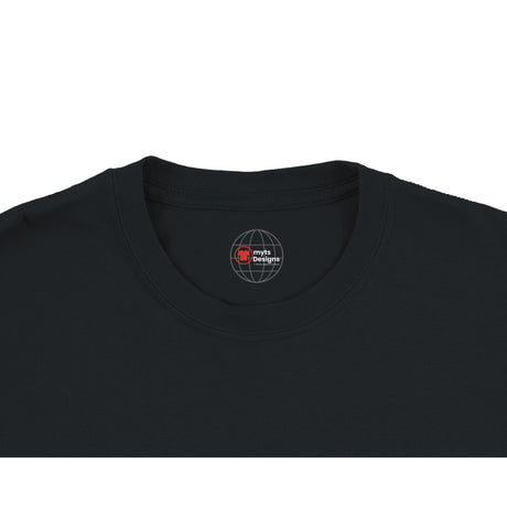 Black t-shirt with a logo on the collar against a white background